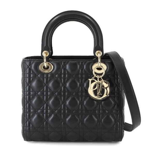 Chiristian Dior Lady Dior Medium Hand Shoulder Bag Leather Black - Picture 1 of 11